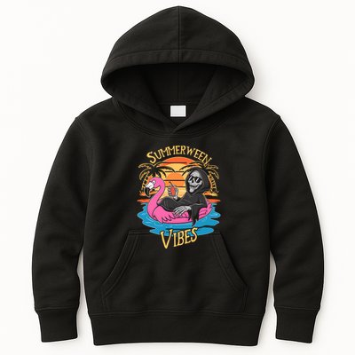 Summerween Vibes Skeleton Flamingo Spooky Halloween Summer Kids Hoodie