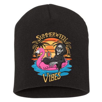 Summerween Vibes Skeleton Flamingo Spooky Halloween Summer Short Acrylic Beanie