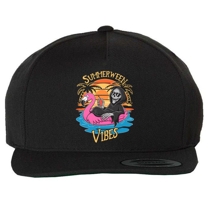 Summerween Vibes Skeleton Flamingo Spooky Halloween Summer Wool Snapback Cap