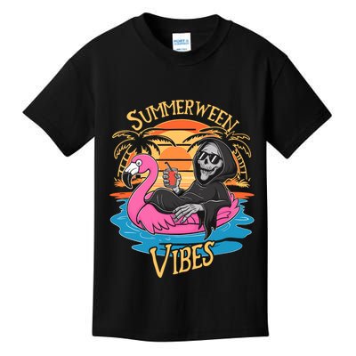 Summerween Vibes Skeleton Flamingo Spooky Halloween Summer Kids T-Shirt