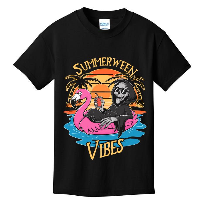 Summerween Vibes Skeleton Flamingo Spooky Halloween Summer Kids T-Shirt
