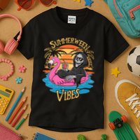 Summerween Vibes Skeleton Flamingo Spooky Halloween Summer Kids T-Shirt