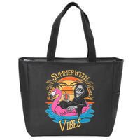 Summerween Vibes Skeleton Flamingo Spooky Halloween Summer Zip Tote Bag