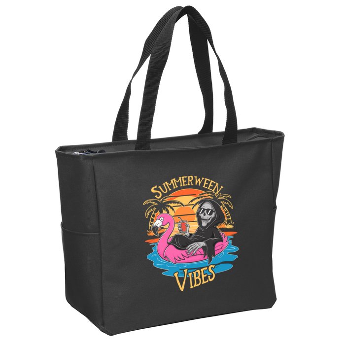 Summerween Vibes Skeleton Flamingo Spooky Halloween Summer Zip Tote Bag