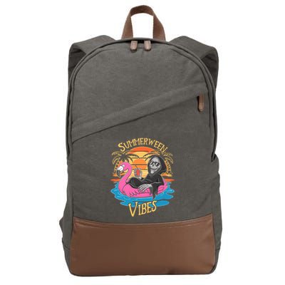 Summerween Vibes Skeleton Flamingo Spooky Halloween Summer Cotton Canvas Backpack