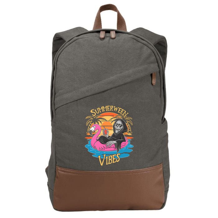 Summerween Vibes Skeleton Flamingo Spooky Halloween Summer Cotton Canvas Backpack