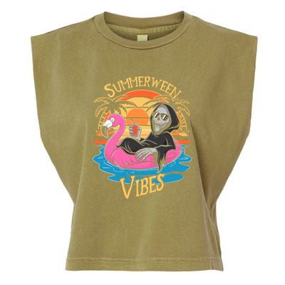 Summerween Vibes Skeleton Flamingo Spooky Halloween Summer Garment-Dyed Women's Muscle Tee