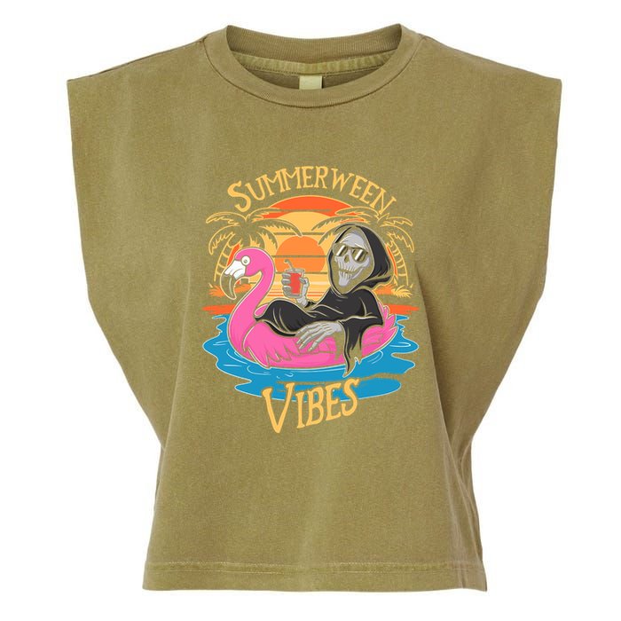 Summerween Vibes Skeleton Flamingo Spooky Halloween Summer Garment-Dyed Women's Muscle Tee