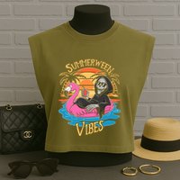 Summerween Vibes Skeleton Flamingo Spooky Halloween Summer Garment-Dyed Women's Muscle Tee
