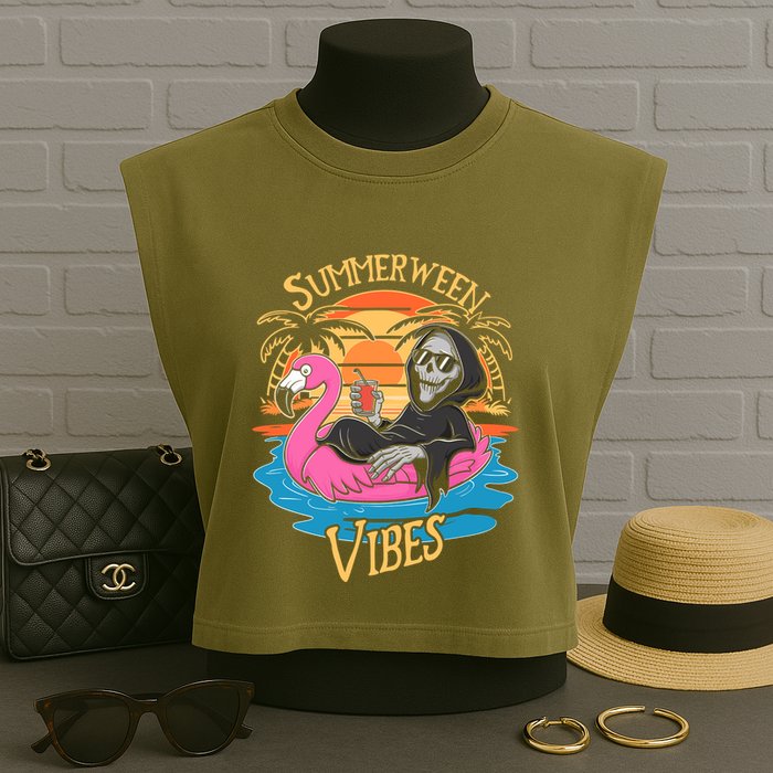Summerween Vibes Skeleton Flamingo Spooky Halloween Summer Garment-Dyed Women's Muscle Tee