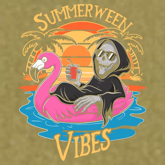 Summerween Vibes Skeleton Flamingo Spooky Halloween Summer Garment-Dyed Women's Muscle Tee
