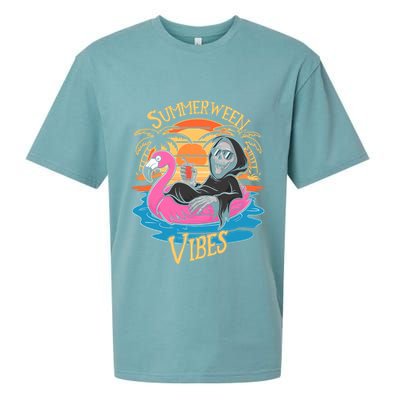 Summerween Vibes Skeleton Flamingo Spooky Halloween Summer Sueded Cloud Jersey T-Shirt