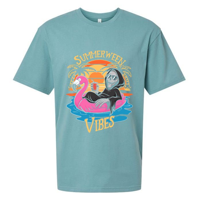Summerween Vibes Skeleton Flamingo Spooky Halloween Summer Sueded Cloud Jersey T-Shirt