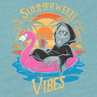 Summerween Vibes Skeleton Flamingo Spooky Halloween Summer Sueded Cloud Jersey T-Shirt