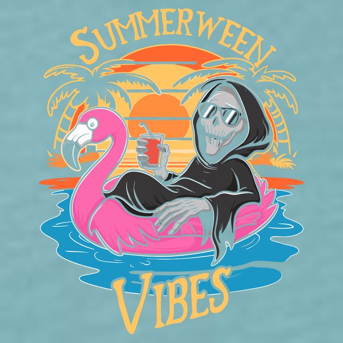 Summerween Vibes Skeleton Flamingo Spooky Halloween Summer Sueded Cloud Jersey T-Shirt