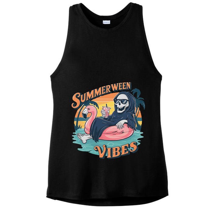 Summerween Vibes Skeleton Flamingo Float Summer Halloween Ladies PosiCharge Tri-Blend Wicking Tank