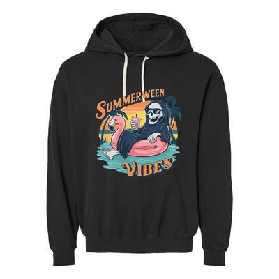 Summerween Vibes Skeleton Flamingo Float Summer Halloween Garment-Dyed Fleece Hoodie