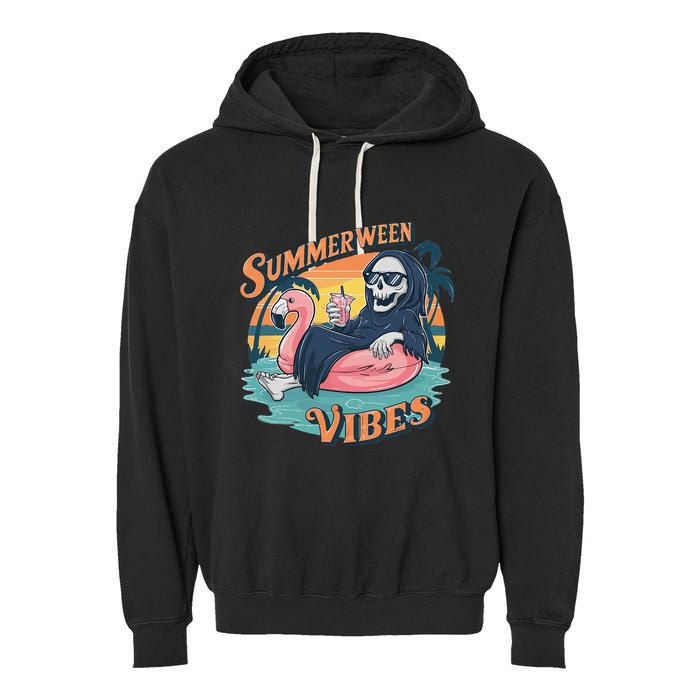 Summerween Vibes Skeleton Flamingo Float Summer Halloween Garment-Dyed Fleece Hoodie