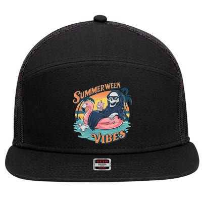 Summerween Vibes Skeleton Flamingo Float Summer Halloween 7 Panel Mesh Trucker Snapback Hat