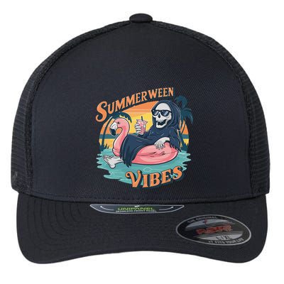 Summerween Vibes Skeleton Flamingo Float Summer Halloween Flexfit Unipanel Trucker Cap