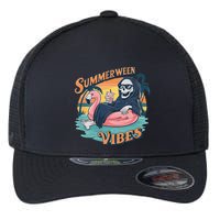 Summerween Vibes Skeleton Flamingo Float Summer Halloween Flexfit Unipanel Trucker Cap