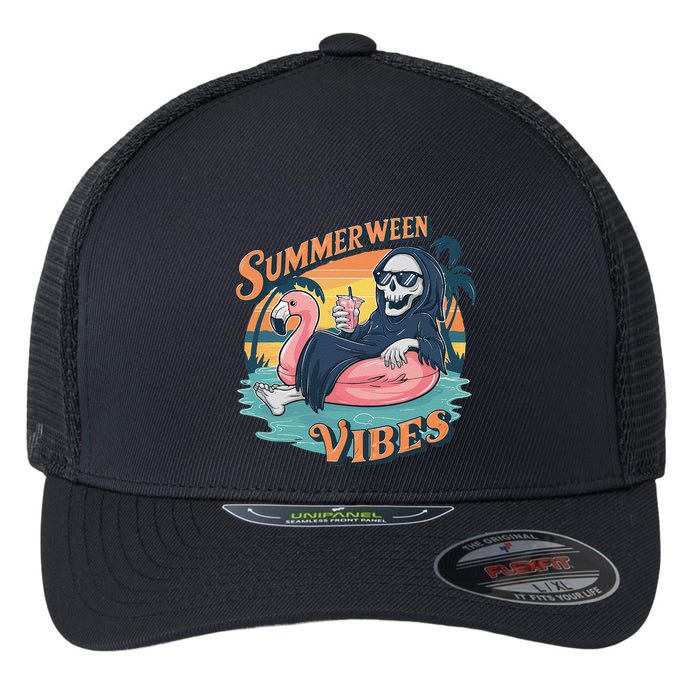 Summerween Vibes Skeleton Flamingo Float Summer Halloween Flexfit Unipanel Trucker Cap