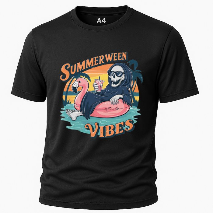 Summerween Vibes Skeleton Flamingo Float Summer Halloween Performance Shirt