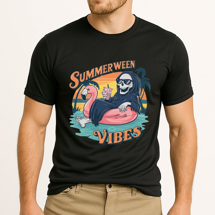Summerween Vibes Skeleton Flamingo Float Summer Halloween Performance Shirt