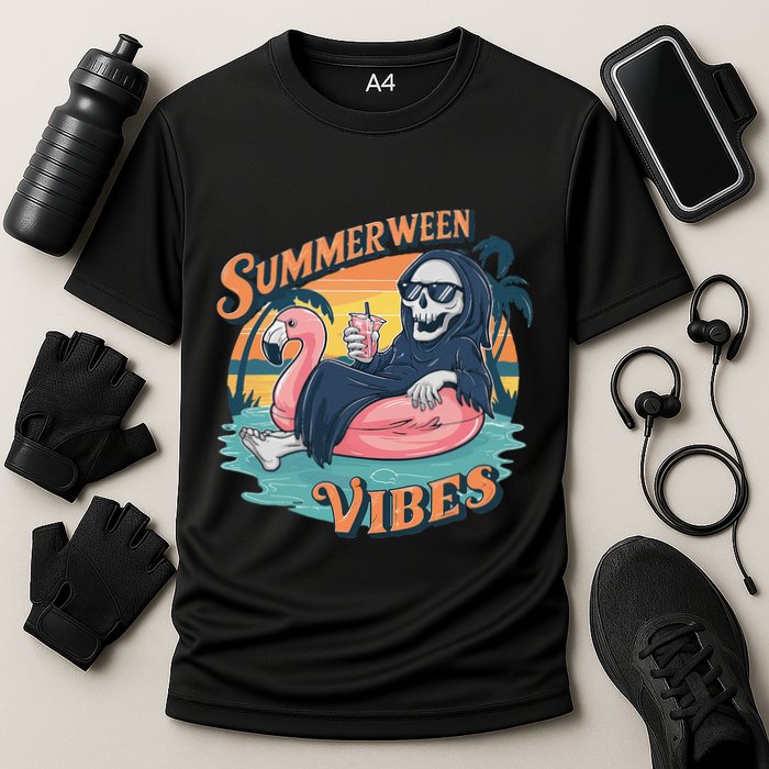 Summerween Vibes Skeleton Flamingo Float Summer Halloween Performance Shirt