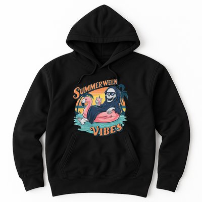 Summerween Vibes Skeleton Flamingo Float Summer Halloween Hoodie