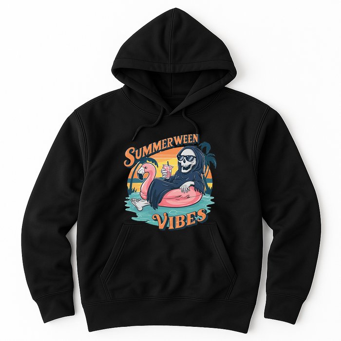 Summerween Vibes Skeleton Flamingo Float Summer Halloween Hoodie