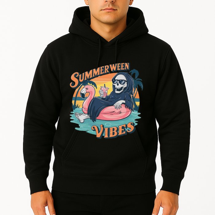 Summerween Vibes Skeleton Flamingo Float Summer Halloween Hoodie