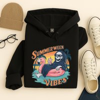 Summerween Vibes Skeleton Flamingo Float Summer Halloween Hoodie