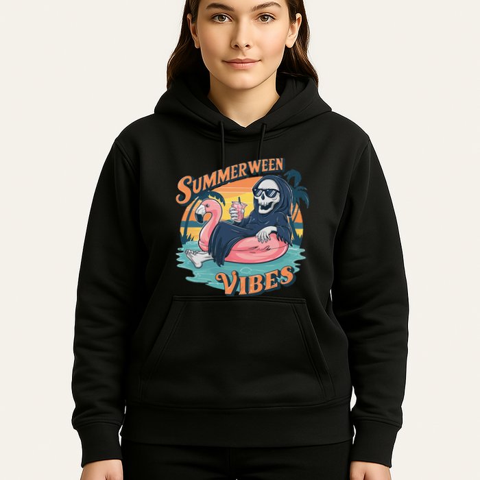 Summerween Vibes Skeleton Flamingo Float Summer Halloween Hoodie
