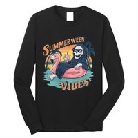 Summerween Vibes Skeleton Flamingo Float Summer Halloween Long Sleeve Shirt