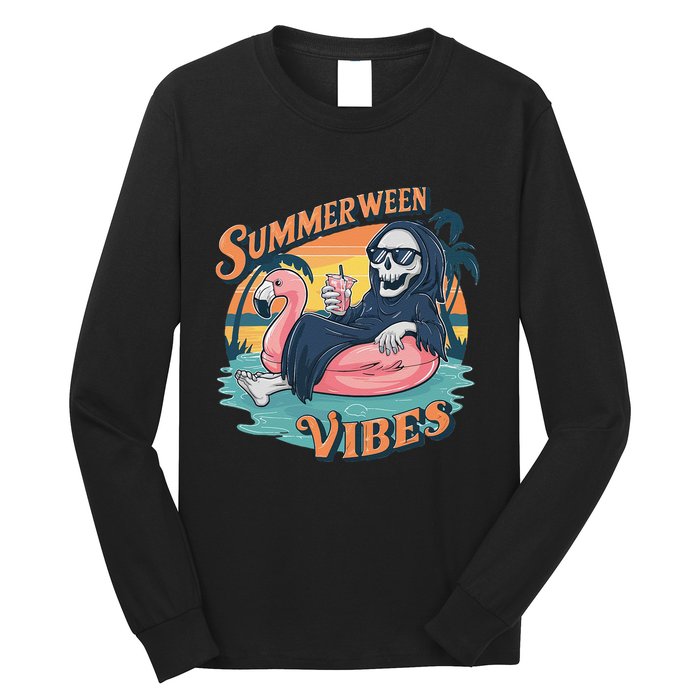 Summerween Vibes Skeleton Flamingo Float Summer Halloween Long Sleeve Shirt