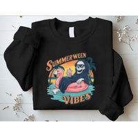 Summerween Vibes Skeleton Flamingo Float Summer Halloween Sweatshirt