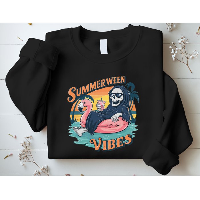 Summerween Vibes Skeleton Flamingo Float Summer Halloween Sweatshirt