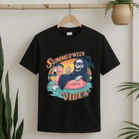 Summerween Vibes Skeleton Flamingo Float Summer Halloween T-Shirt