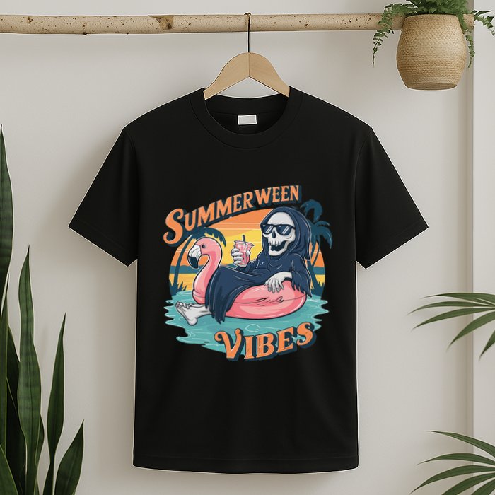 Summerween Vibes Skeleton Flamingo Float Summer Halloween T-Shirt