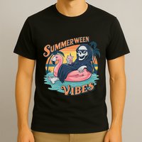 Summerween Vibes Skeleton Flamingo Float Summer Halloween T-Shirt