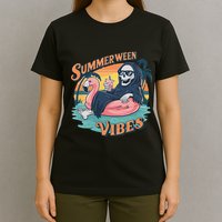 Summerween Vibes Skeleton Flamingo Float Summer Halloween T-Shirt
