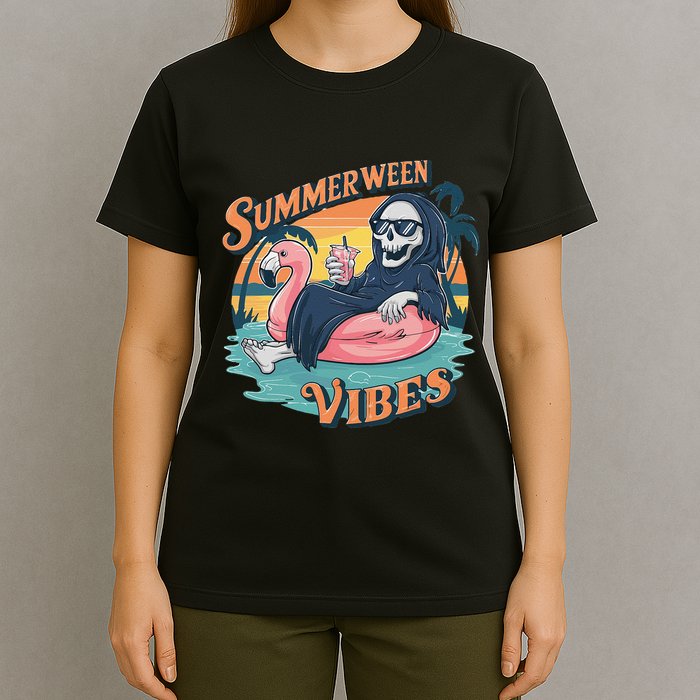 Summerween Vibes Skeleton Flamingo Float Summer Halloween T-Shirt