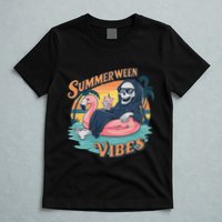 Summerween Vibes Skeleton Flamingo Float Summer Halloween T-Shirt