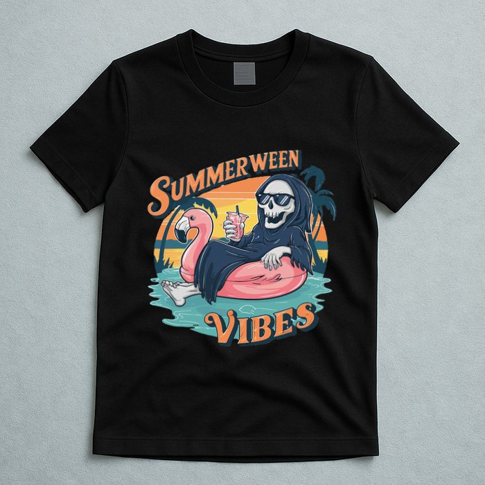 Summerween Vibes Skeleton Flamingo Float Summer Halloween T-Shirt