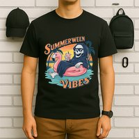 Summerween Vibes Skeleton Flamingo Float Summer Halloween T-Shirt