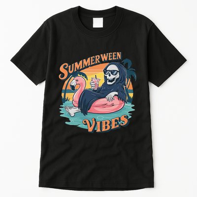 Summerween Vibes Skeleton Flamingo Float Summer Halloween Tall T-Shirt
