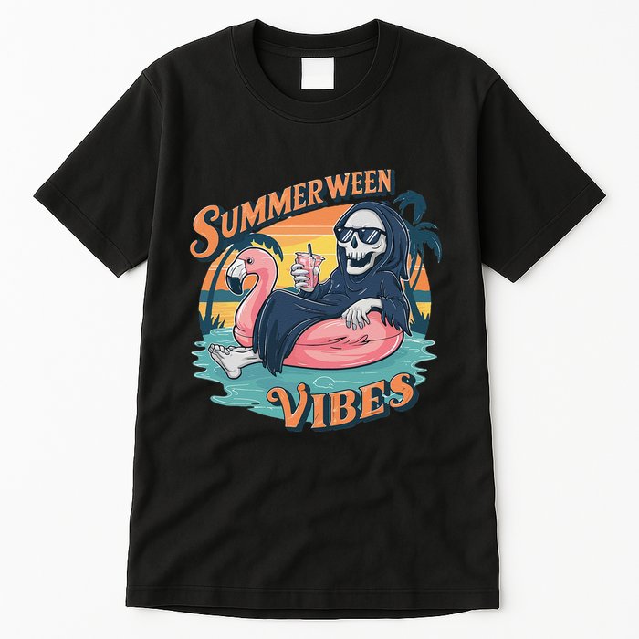 Summerween Vibes Skeleton Flamingo Float Summer Halloween Tall T-Shirt