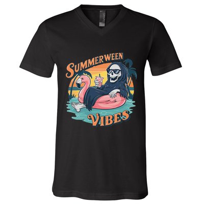 Summerween Vibes Skeleton Flamingo Float Summer Halloween V-Neck T-Shirt