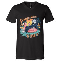 Summerween Vibes Skeleton Flamingo Float Summer Halloween V-Neck T-Shirt